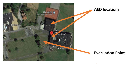 Newark Academy muster points and AED location